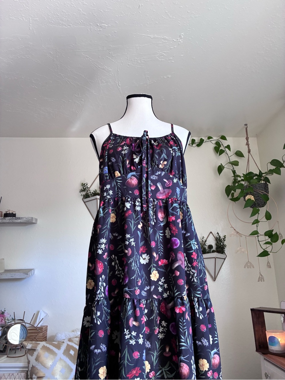 ROMWE Black Floral Tiered Maxi Dress with Pink & Yellow Blooms
